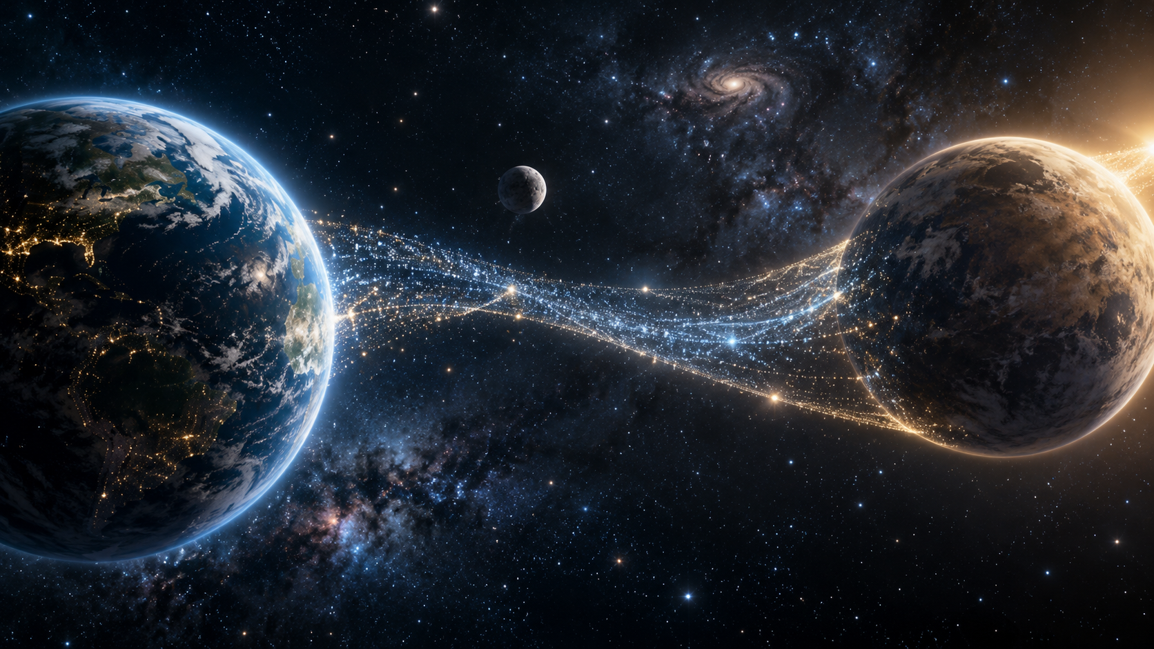 Two photorealistic planets connected by a secure stream of luminous data