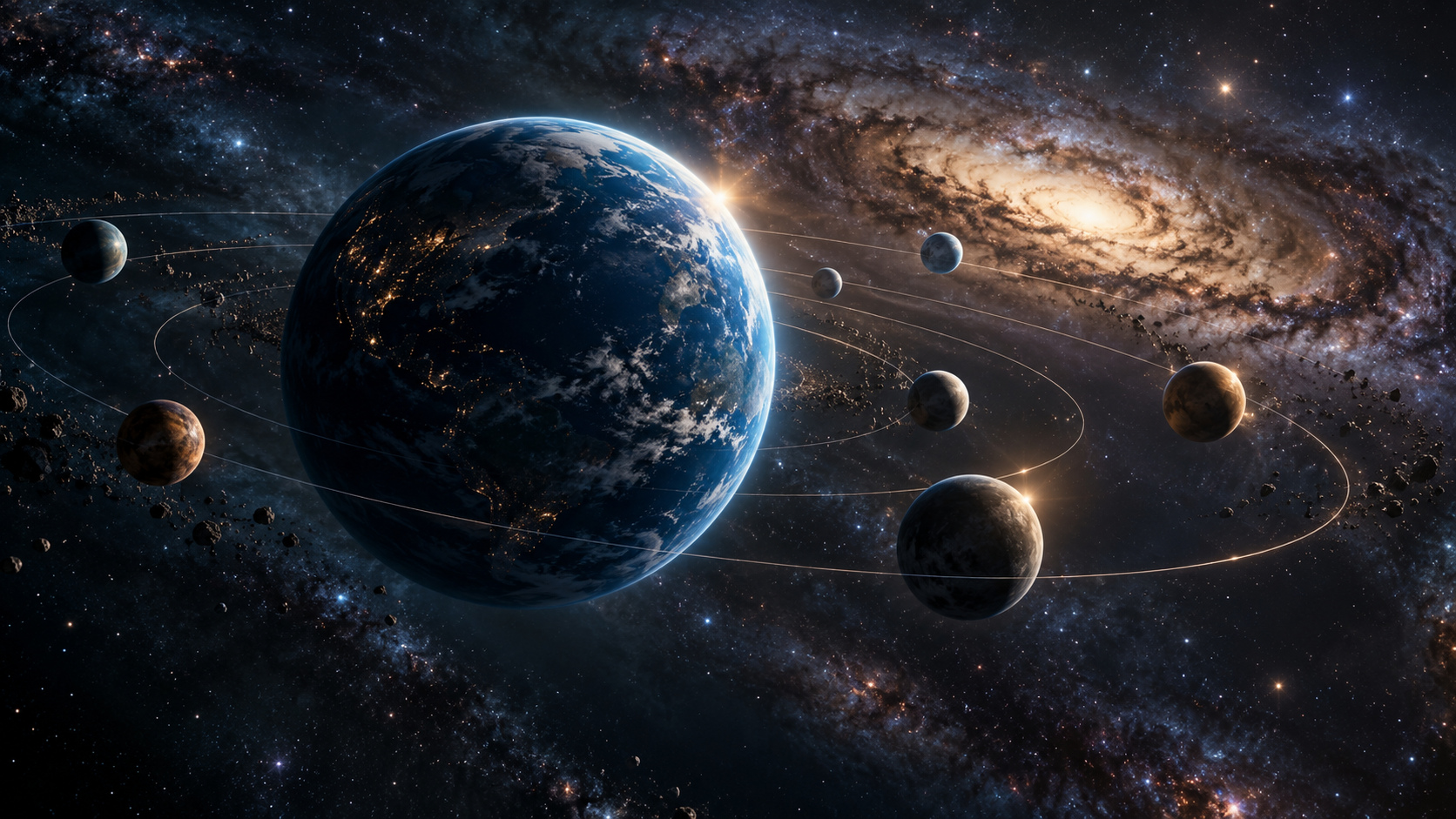 A photorealistic solar system converging around one coordinated central planet