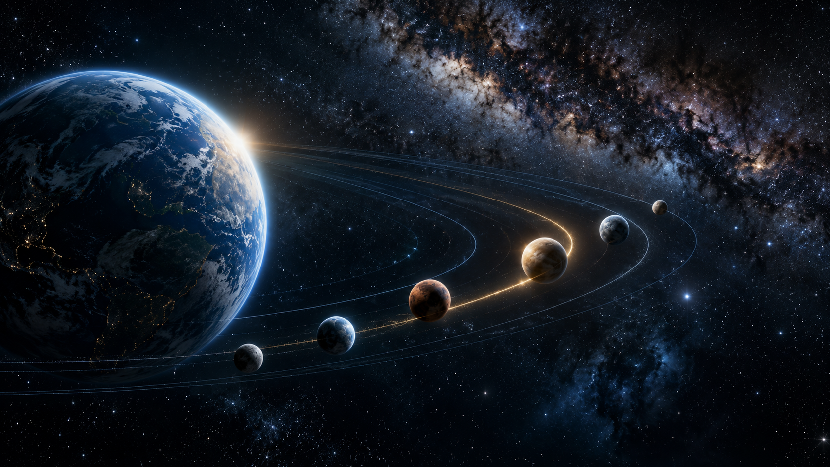 A photorealistic planetary system with one illuminated path representing a confident HRIS decision